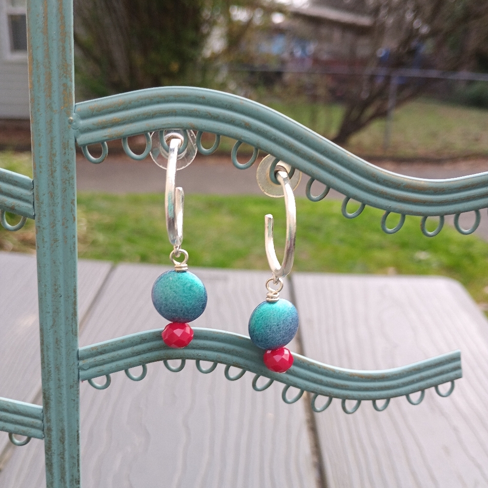 Elegant Silver and Teal Earrings with Red Accents